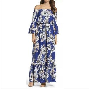 Eliza J blue flowered off the shoulder dress